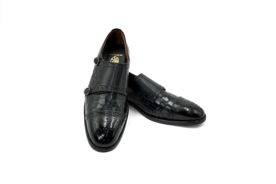 BROGUE CAPTOE MONKSTRAP CROCO - BLACK