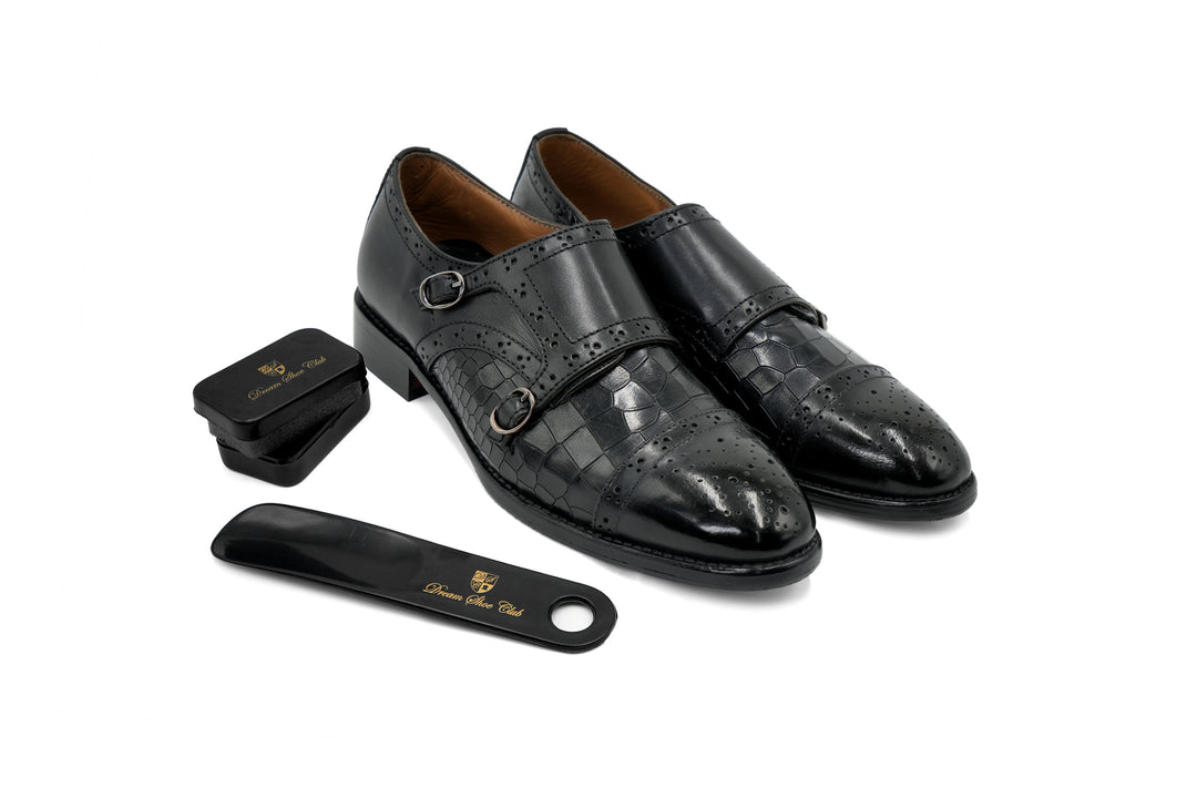 BROGUE CAPTOE MONKSTRAP CROCO - BLACK